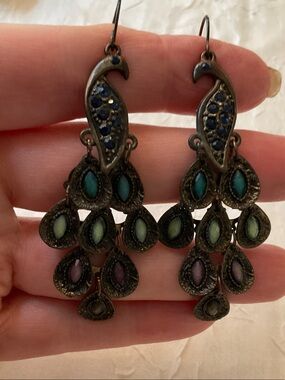 Unbranded Bronze Peacock Teardrop Dangle Earrings with Multicolor Stones